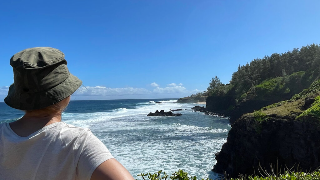 Sabrina schaut auf eine wilde Küste. Wellen schlagen schäumend ans felsige, von Bäumen bewachsene Ufer